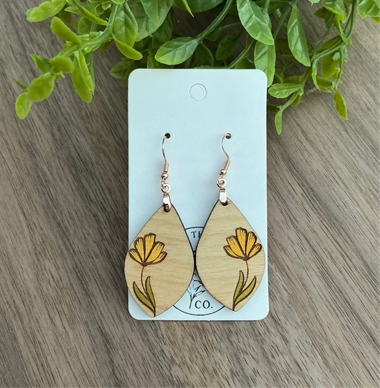 🌼 Hand-Painted Floral Wood Earrings