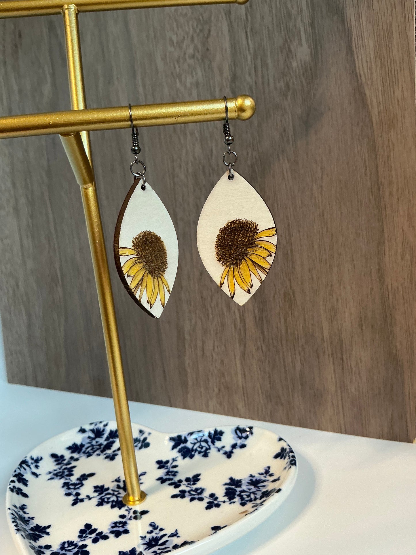 Hand-Painted Sunflower Wood Earrings